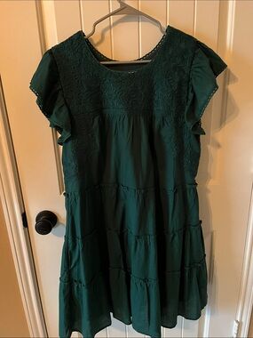 Forest Green Tiered Mini Dress with Embroidered Yoke